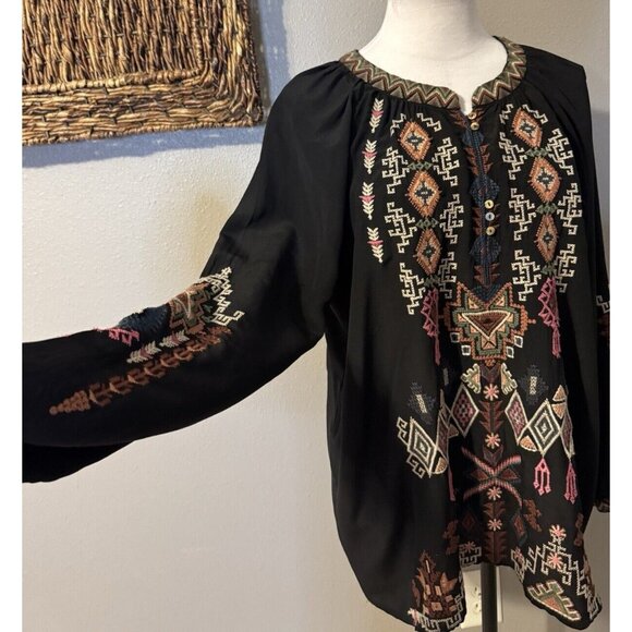 Johnny Was Long Sleeve Black Embroidered SILK Malta Tunic Top Colorful $300 - Picture 8 of 16